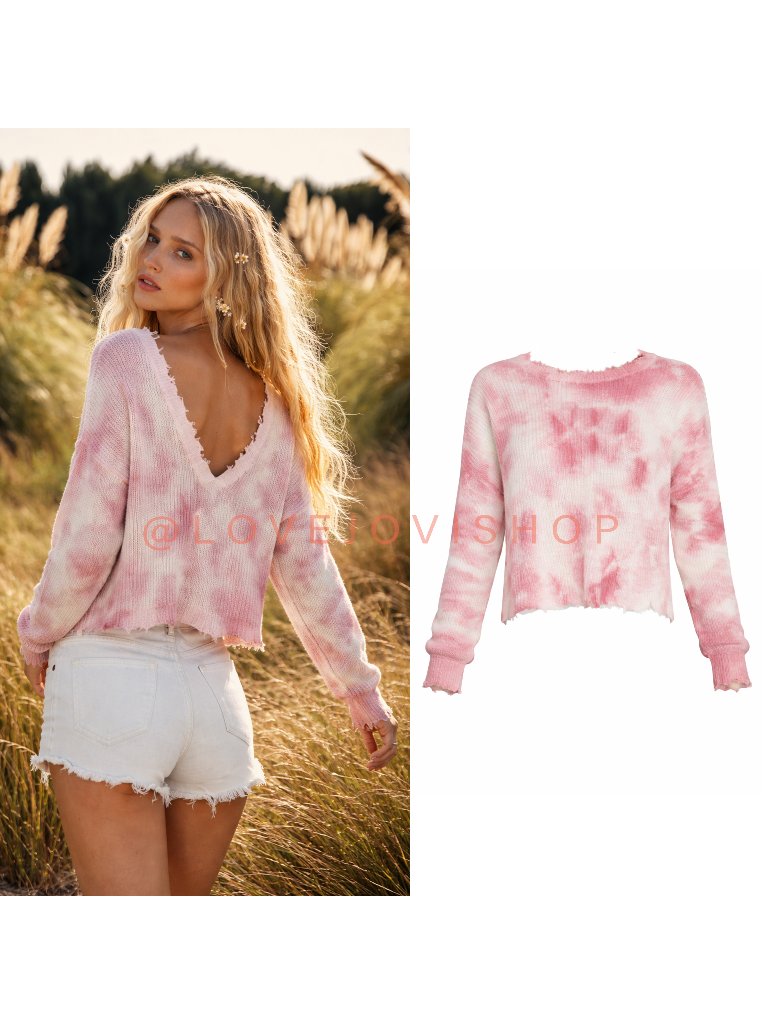 Bohemian | 100% Cotton Fate Pink Tie Dye Distressed Knit V-Neck Cropped Sweater